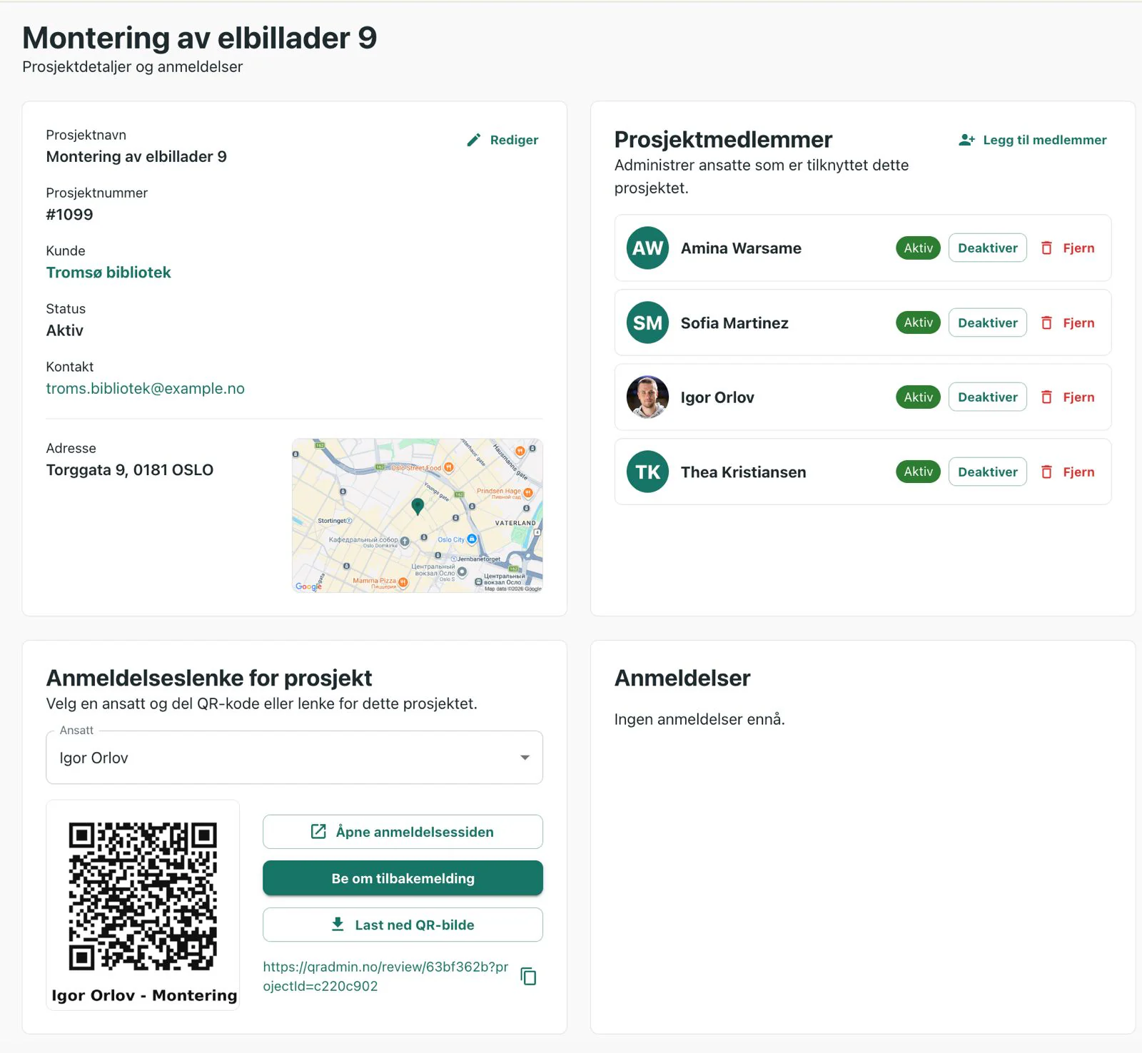 Strona projektu w QR Admin z danymi, członkami i kodem QR do opinii
